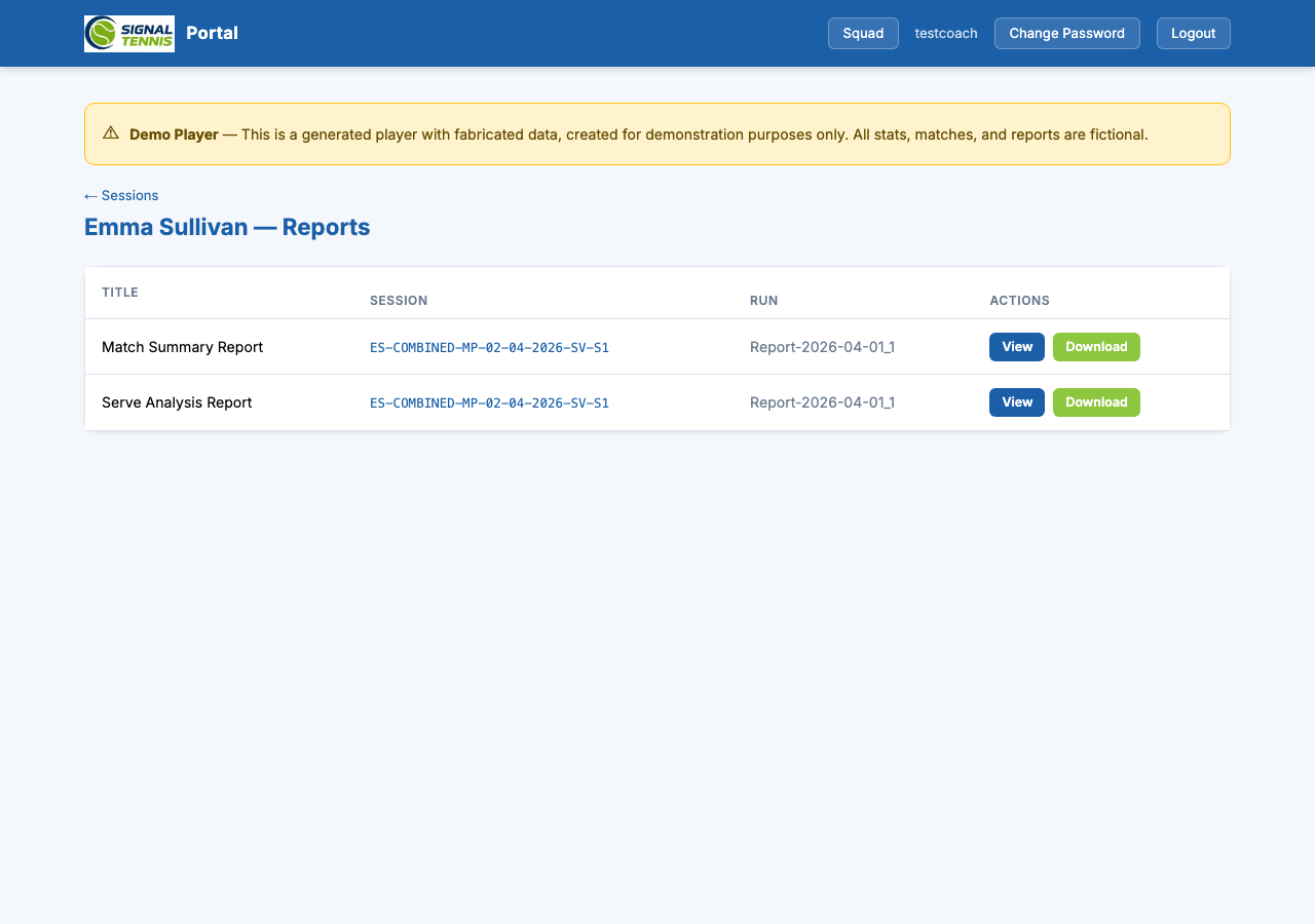 Reports page showing downloadable PDF reports